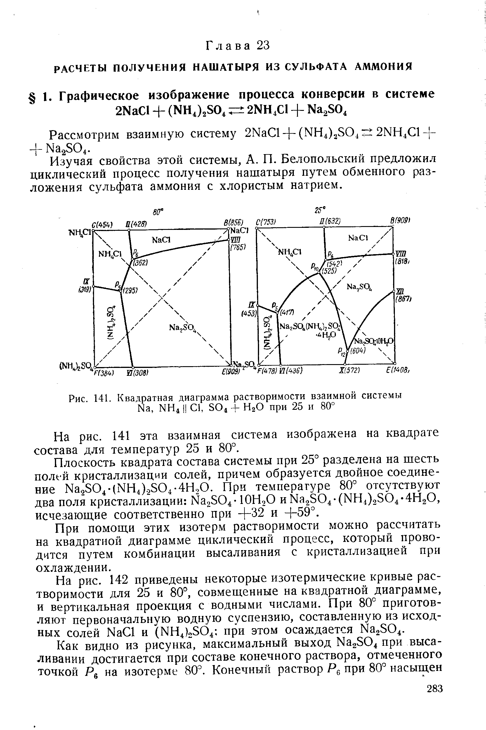 Изучая свойства этой системы, А. П. Белопольский предложил циклический процесс получения нашатыря путем обменного разложения сульфата аммония с хлористым натрием.