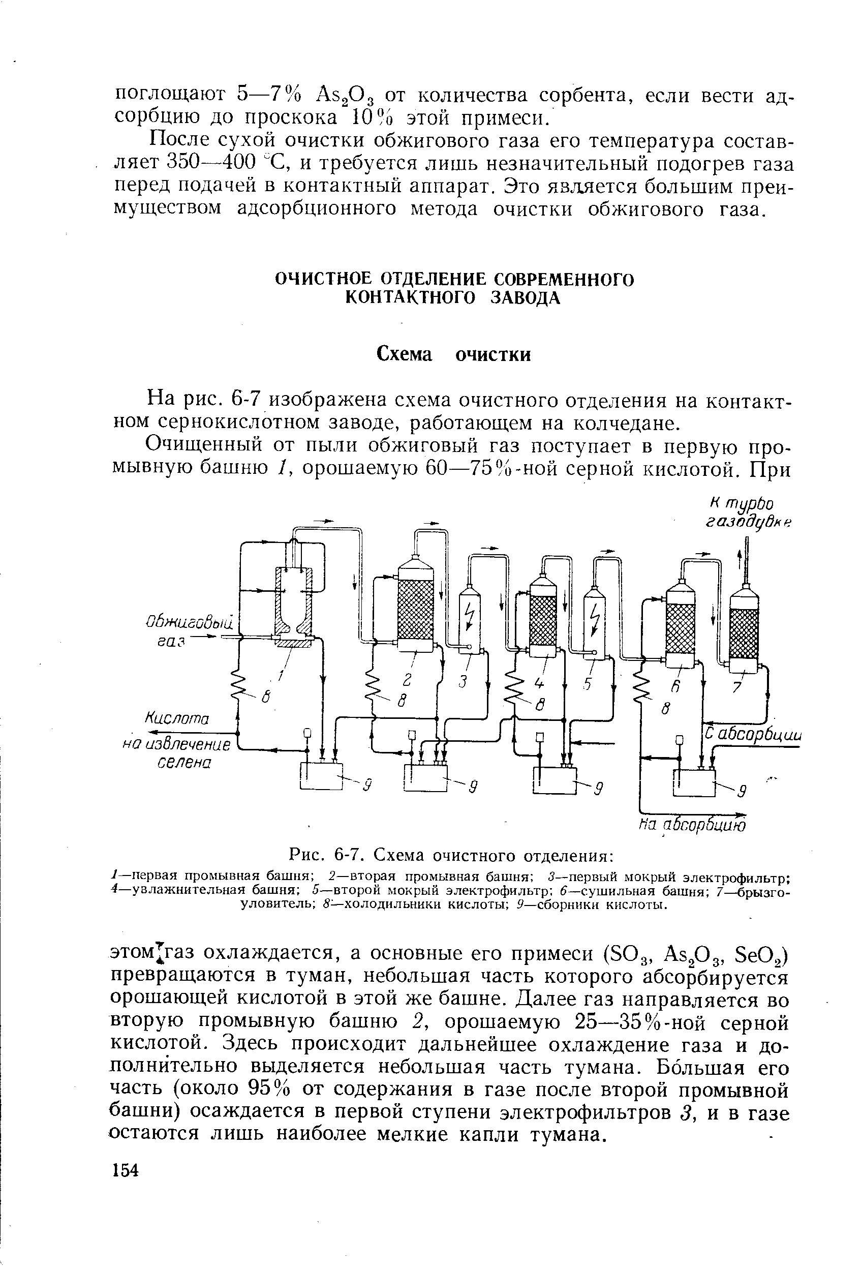 На рис. 6-7 изображена схема очистного отделения на контактном сернокислотном заводе, работающем на колчедане.