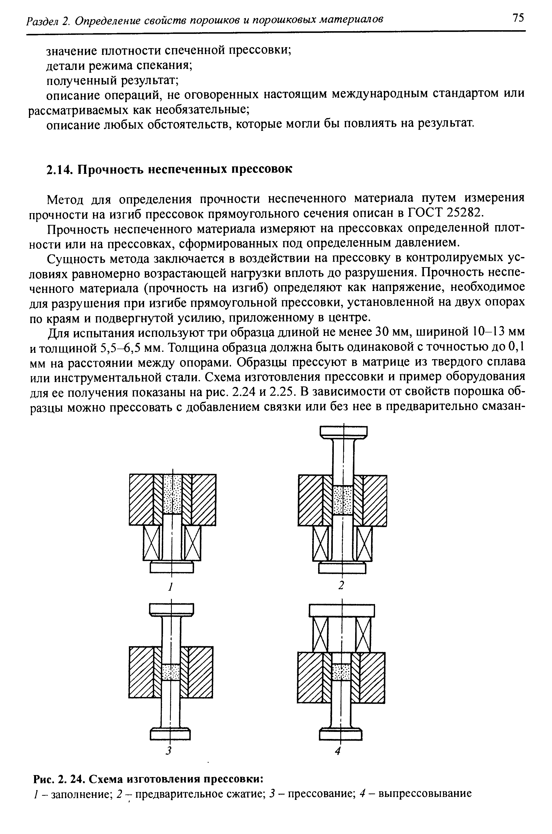 Метод для определения прочности неспеченного материала путем измерения прочности на изгиб прессовок прямоугольного сечения описан в ГОСТ 25282.
