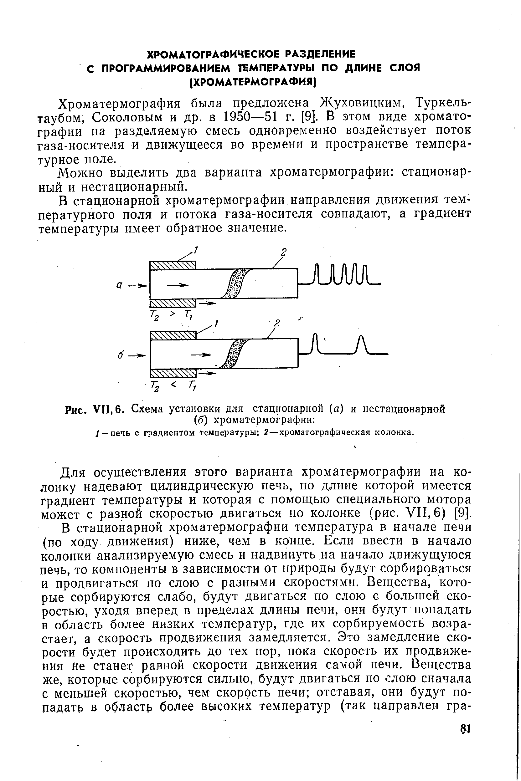 Хроматермография была предложена Жуховицким, Туркель-таубом, Соколовым и др. в 1950—51 г. [9]. В этом виде хроматографии на разделяемую смесь однбвременно воздействует поток газа-носителя и движущееся во времени и пространстве температурное поле.