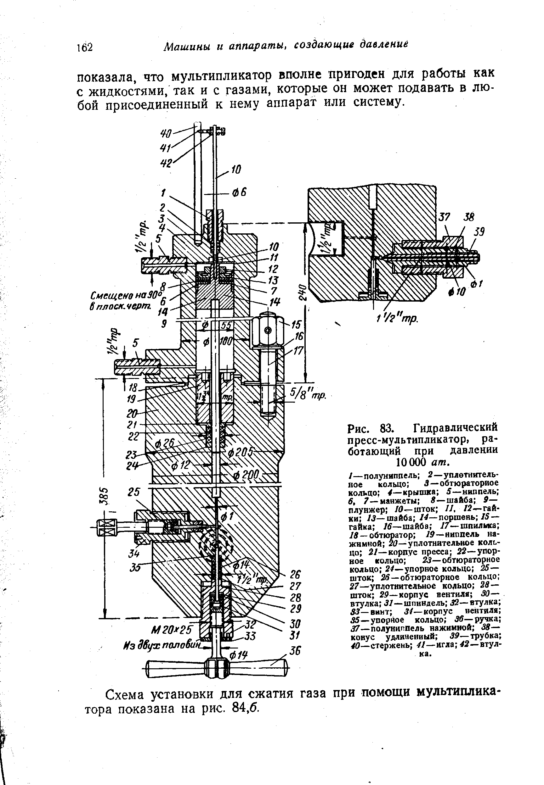 Схема установки для сжатия газа при помощи мультипликатора показана на рис. 84,6.