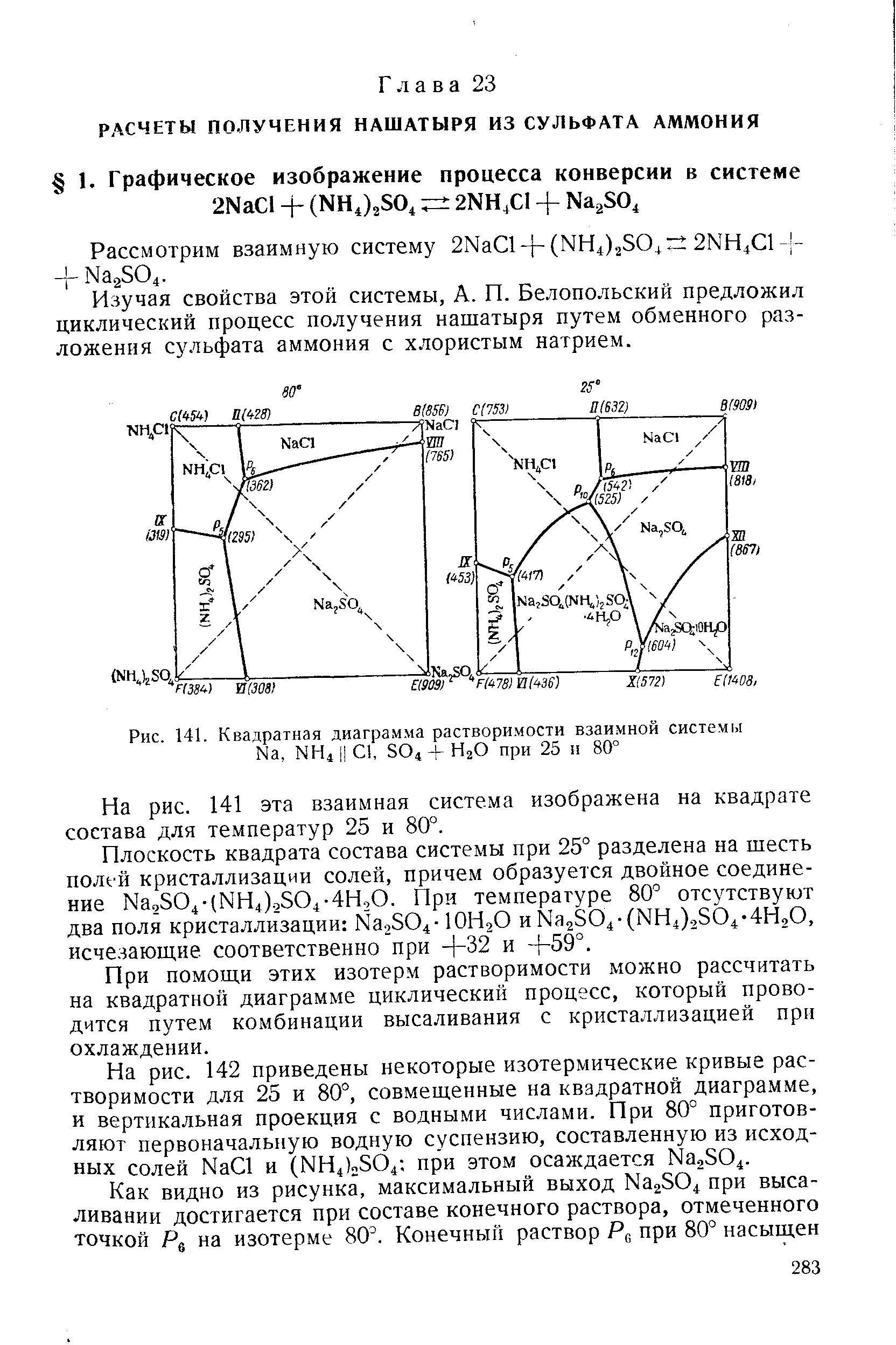 Изучая свойства этой системы, А. П. Белопольский предложил циклический процесс получения нашатыря путем обменного разложения сульфата аммония с хлористым натрием.