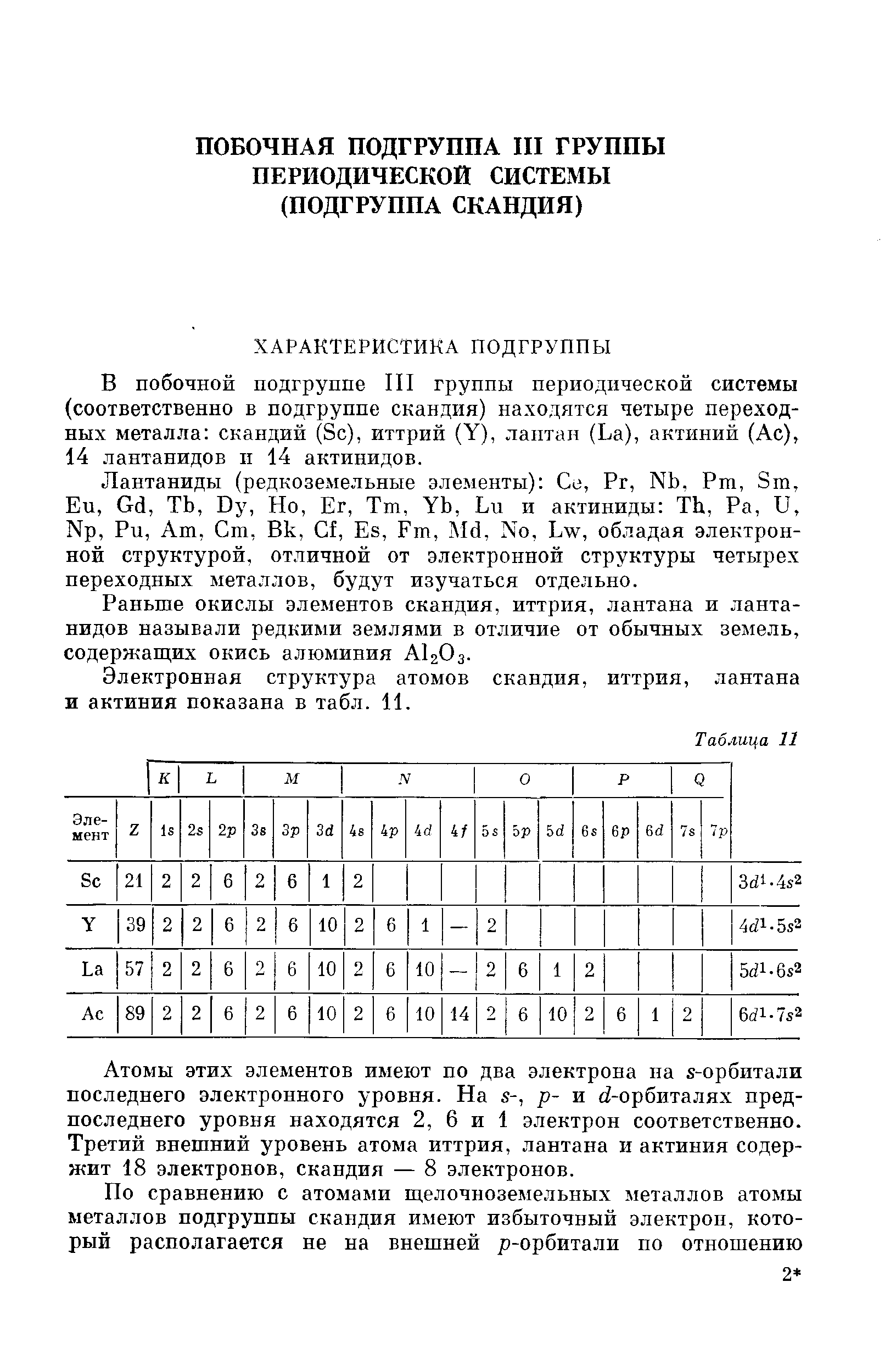 Б побочной подгруппе III группы периодической системы (соответственно в подгруппе скандия) находятся четыре переходных металла скандий (Зс), иттрий (У), лантан (Ьа), актиний (Ас), 14 лантанидов и 14 актинидов.