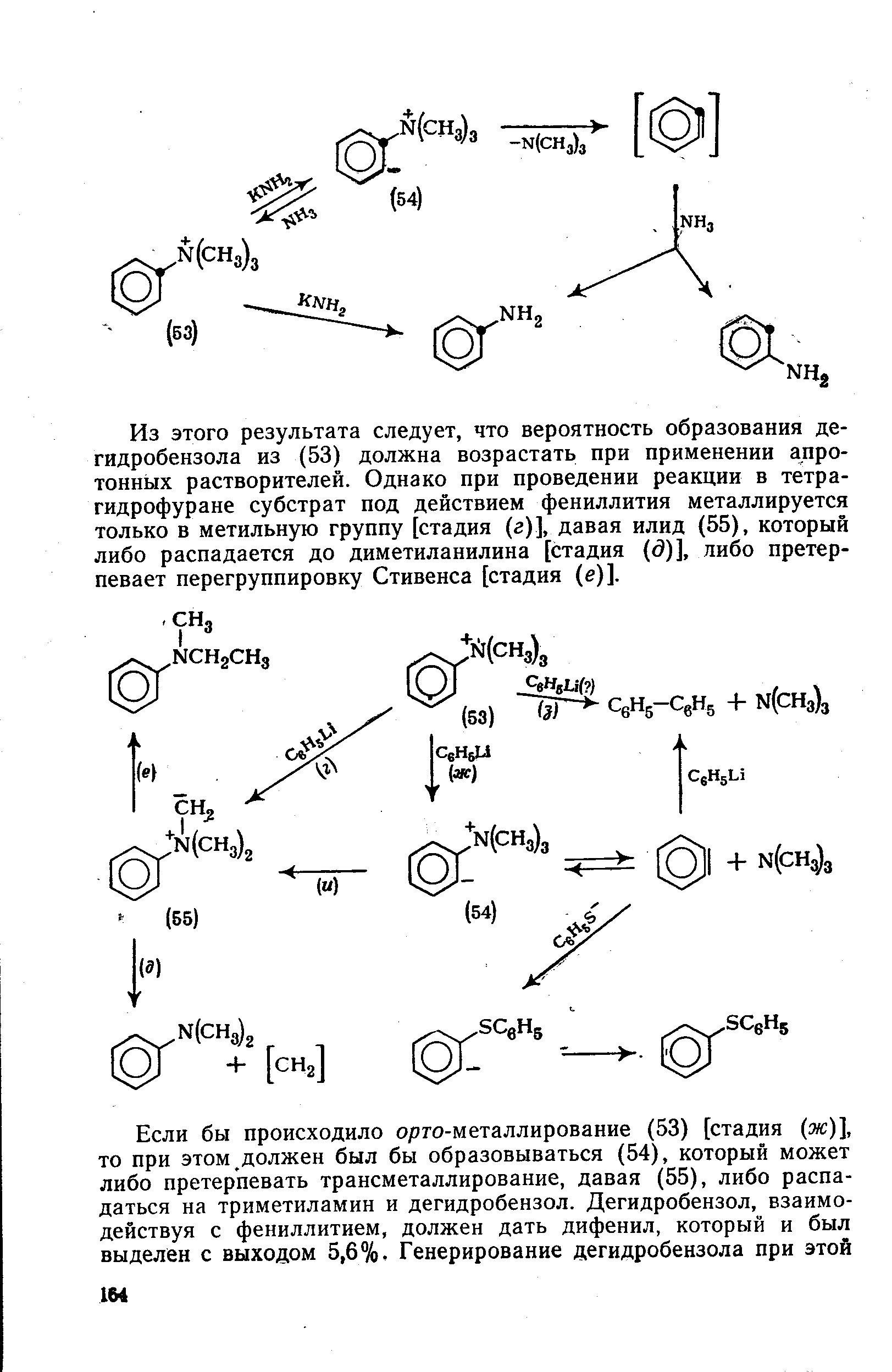 Из ЭТОГО результата следует, что вероятность образования дегидробензола из (53) должна возрастать при применении апротонных растворителей. Однако при проведении реакции в тетрагидрофуране субстрат под действием фениллития металлируется только в метильную группу [стадия (г)], давая илид (55), который либо распадается до диметиланилина [стадия ( 3)]. либо претерпевает перегруппировку Стивенса [стадия (е)].