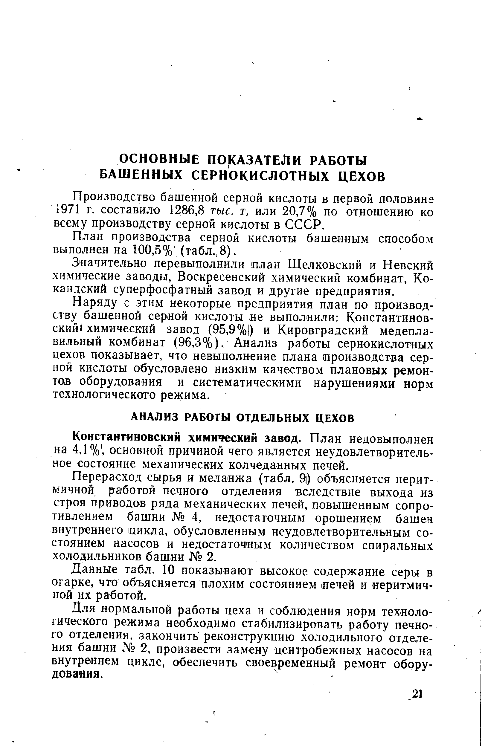 Производство башенной серной кислоты в первой половина 1971 г. составило 1286,8 тыс. т, или 20,7% по отношению ко всему производству серной кислоты в СССР.