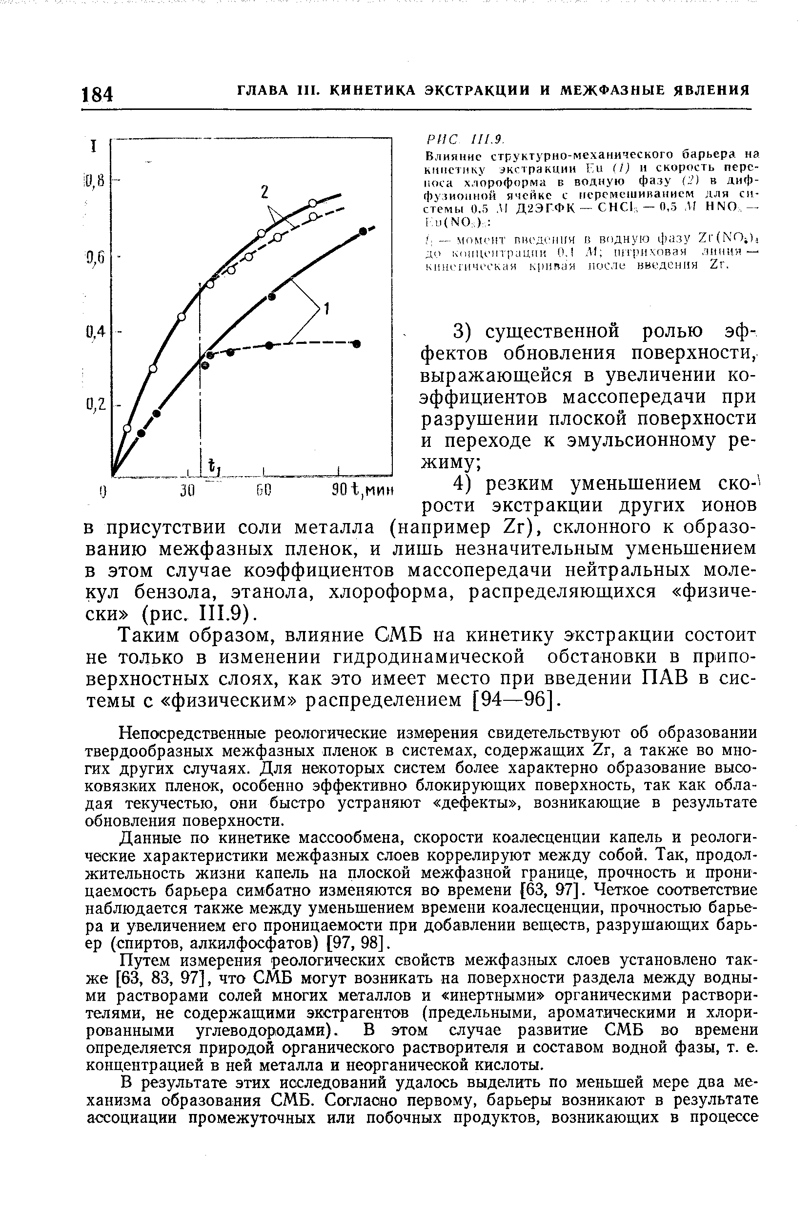 Таким образом, влияние СМБ на кинетику экстракции состоит не только в изменении гидродинамической обстановки в приповерхностных слоях, как это имеет место при введении ПАВ в системы с физическим распределением [94—96].