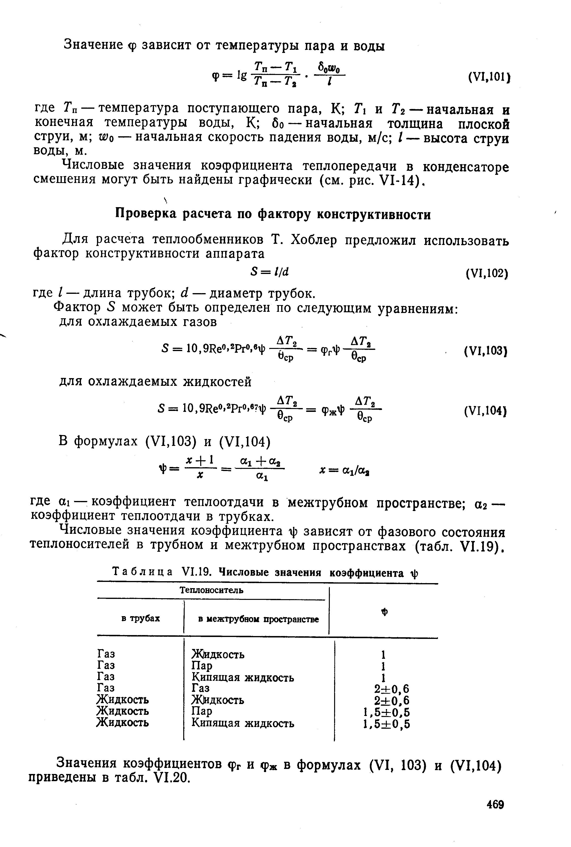 Числовые значения коэффициента -ф зависят от фазового состояния теплоносителей в трубном и межтрубном пространствах (табл. VI.19).
