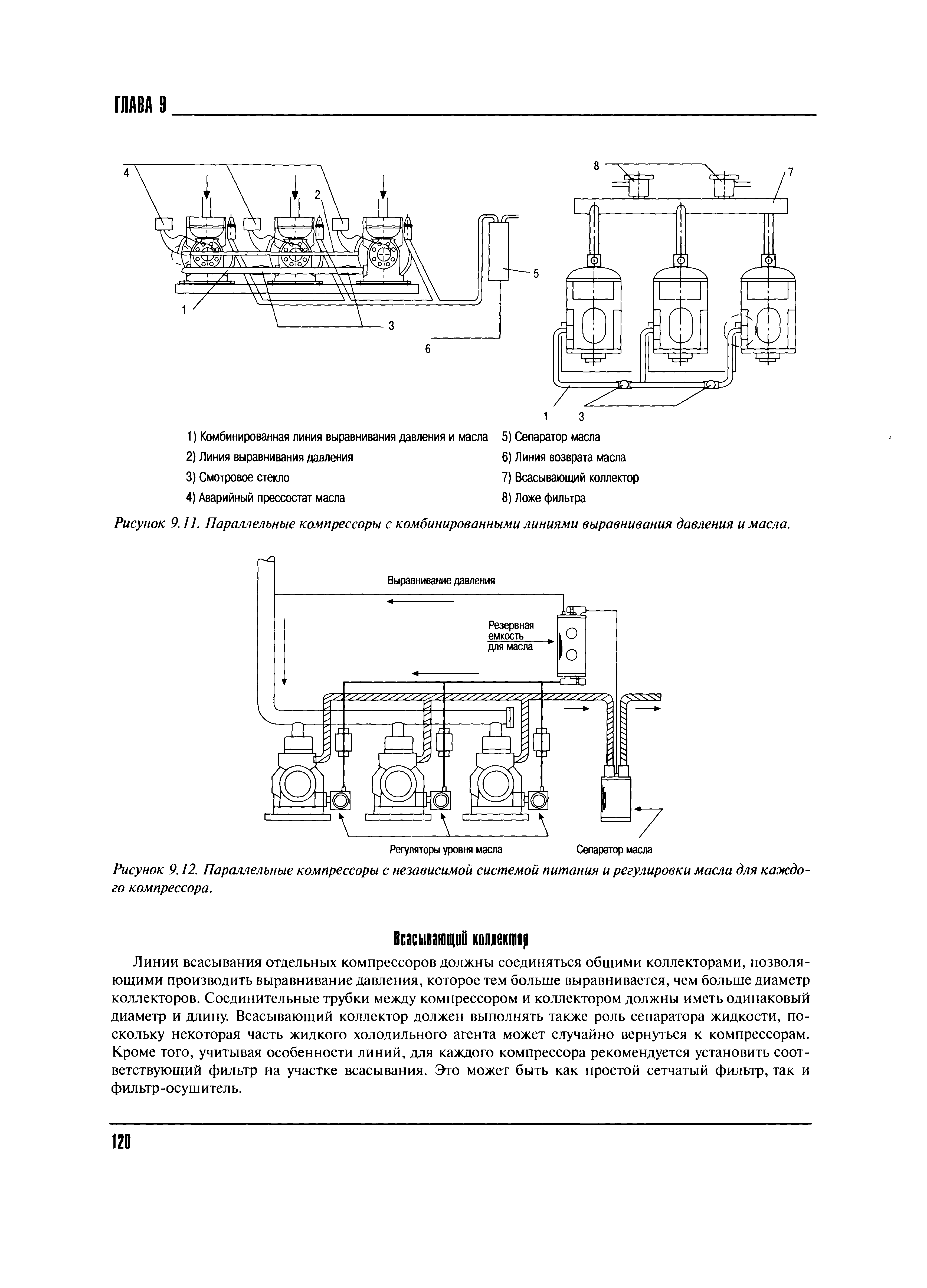 Рисунок 9. ] ]. Параллельные компрессоры с комбинированными линиями выравнивания давления и масла.