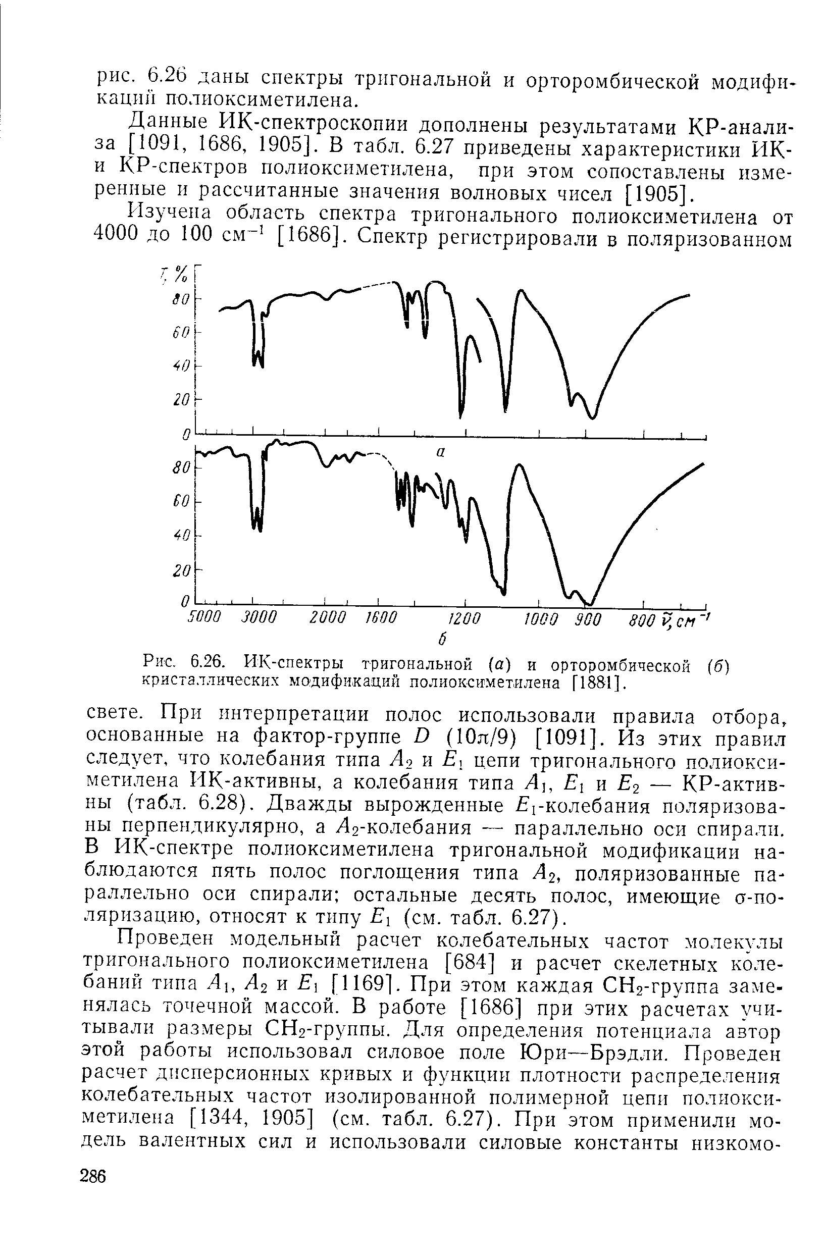 Данные ИК-спектроскопии дополнены результатами КР-анали-за [1091, 1686, 1905]. В табл. 6.27 приведены характеристики ИК-и КР-спектров полиоксиметилена, при этом сопоставлены измеренные и рассчитанные значения волновых чисел [1905].
