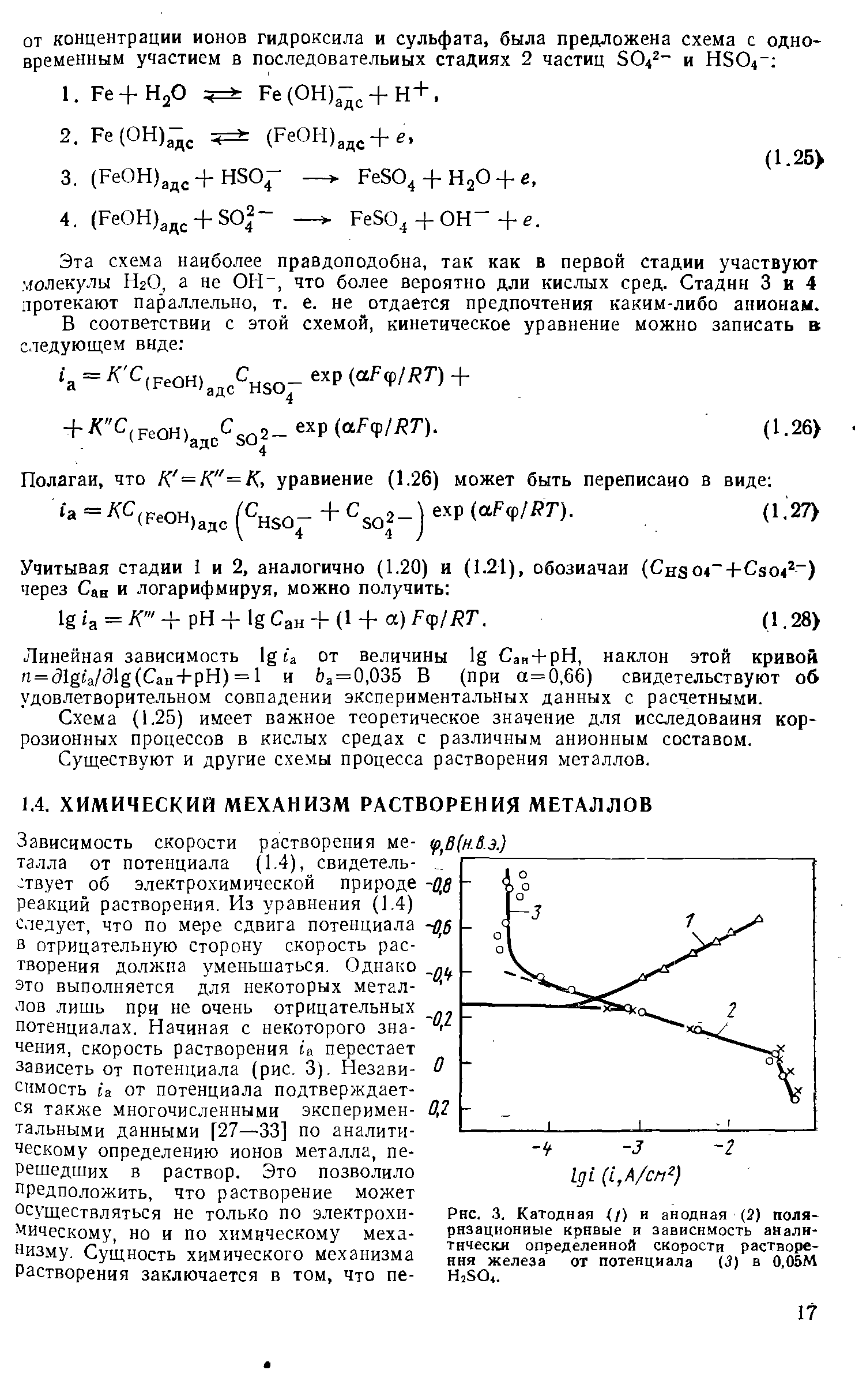 Катодная /) и анодная (2) поляризационные кривые и зависимость аналн-тичес1Ш определенной скорости растворения железа от потенциала (3) в 0.05М Н,50,.