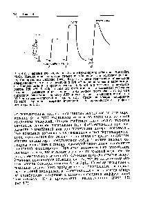 Рис. 4.7. <a href="/info/74231">Сафранин</a> как индикатор Дф в митохондриях (Акеппап, У1кз1гот, 1976). Митохондрии из клеток печени инкубировали в присутствии ротено-иа, блокирующего дыхание (разд. 5.6). А. Кривая показывает образование <a href="/info/4515">диффузионного потенциала</a> <a href="/info/7801">величиной</a> 124 мВ после добавления <a href="/info/36209">валиномицина</a>. Концентрация К+ в среде составляла 0,96 мМ, а в <a href="/info/566929">матриксе</a> принималась <a href="/info/1879578">равной</a> 120 мМ. Б. Образование Дф было вызвано добавлением <a href="/info/1303801">субстрата дыхания</a>— <a href="/info/103915">сукцината</a>, а <a href="/info/870109">рассеивание</a> — добавлением <a href="/info/1380788">протонофора</a>. В. Дтр был образован благодаря гидролизу АТР и снят после добавления <a href="/info/477">ингибитора</a> АТР-<a href="/info/85635">синтетазы</a> — <a href="/info/102010">олигомицина</a> (разд. 7.2). Среда инкубации содержала 10 мкМ сафранина. Измерения проводились на <a href="/info/99070">двухволновом спектрофотометре</a> (разд. 5.2).