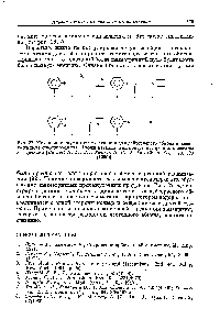 Рис. 27. Механизм с двумя <a href="/info/9332">путями реакции</a> для дейтериевого обмена в бензоле на <a href="/info/140386">поверхности металла</a>. Атомы металла, или <a href="/info/348264">центры адсорбции</a>, показаны звездочками [Burwell R. L., Jr., Pearson R. G., J. Am. hem. So ., 70, 300