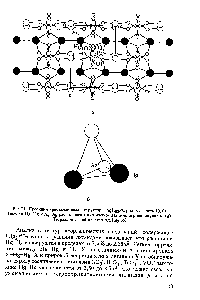 Рис.21. <a href="/info/463142">Проекция кристаллической структуры</a> AgHg2P04 на плоскость (010). Гантели Hg-Hg и Ag-Ag расположены в структуре взаимно перпендикулярно (а). Тетраэдрический кластер Ag2Hg2 (б)