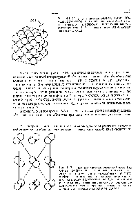 Рис. 14-2. Структура кристаллического брома, Вг . Сферы, изображенные сплошными линиями, относятся к одному слою упакованных молекул, а сферы, изображенные штриховыми линиями, относятся к более глубокому слою. Для наглядности <a href="/info/3799">размер молекул</a> уменьшен на <a href="/info/1780185">самом деле</a> они соприкасаются друг с другом в пределах одного слоя, а слои налагаются один на другой.