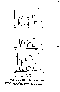 Рис. 3. ГХ-<a href="/info/1074621">разделение метиловых</a> (А), этиловых ( ) и -пропиловых (В) эфиров Н-ацетиламинокислот на полиэфирной фазе.